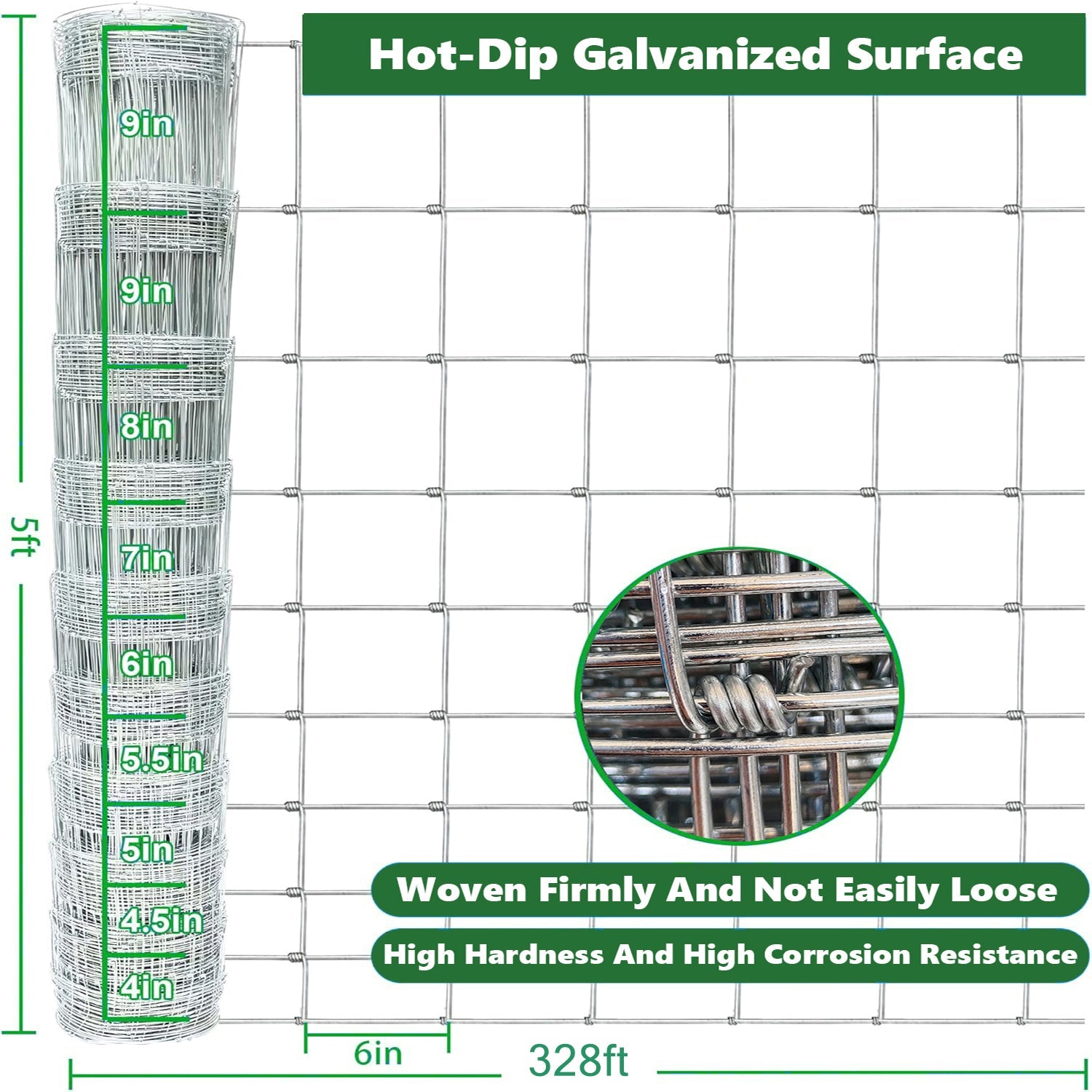 Farm Fence 5ft x 328ft 14Gauge Heavy Zinc Coating Cattle Fence Galvanized Field Wire Fencing Deer Fence Goat Fence Hog Wire Fencing for Yard Livestock & Animals Protection - Fab Heavy Parts