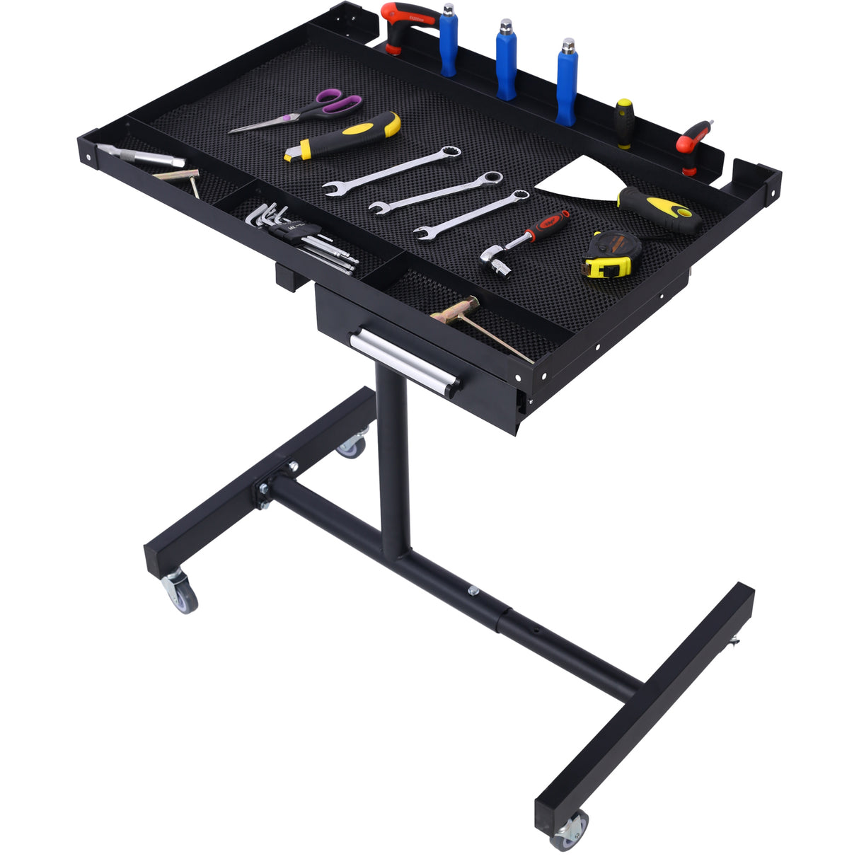 Adjustable Tear Down Work Table with Drawer (4) 2.5" Swivel Casters 220 Lbs Capacity Rubber Corners Heavy Duty Steel--Black