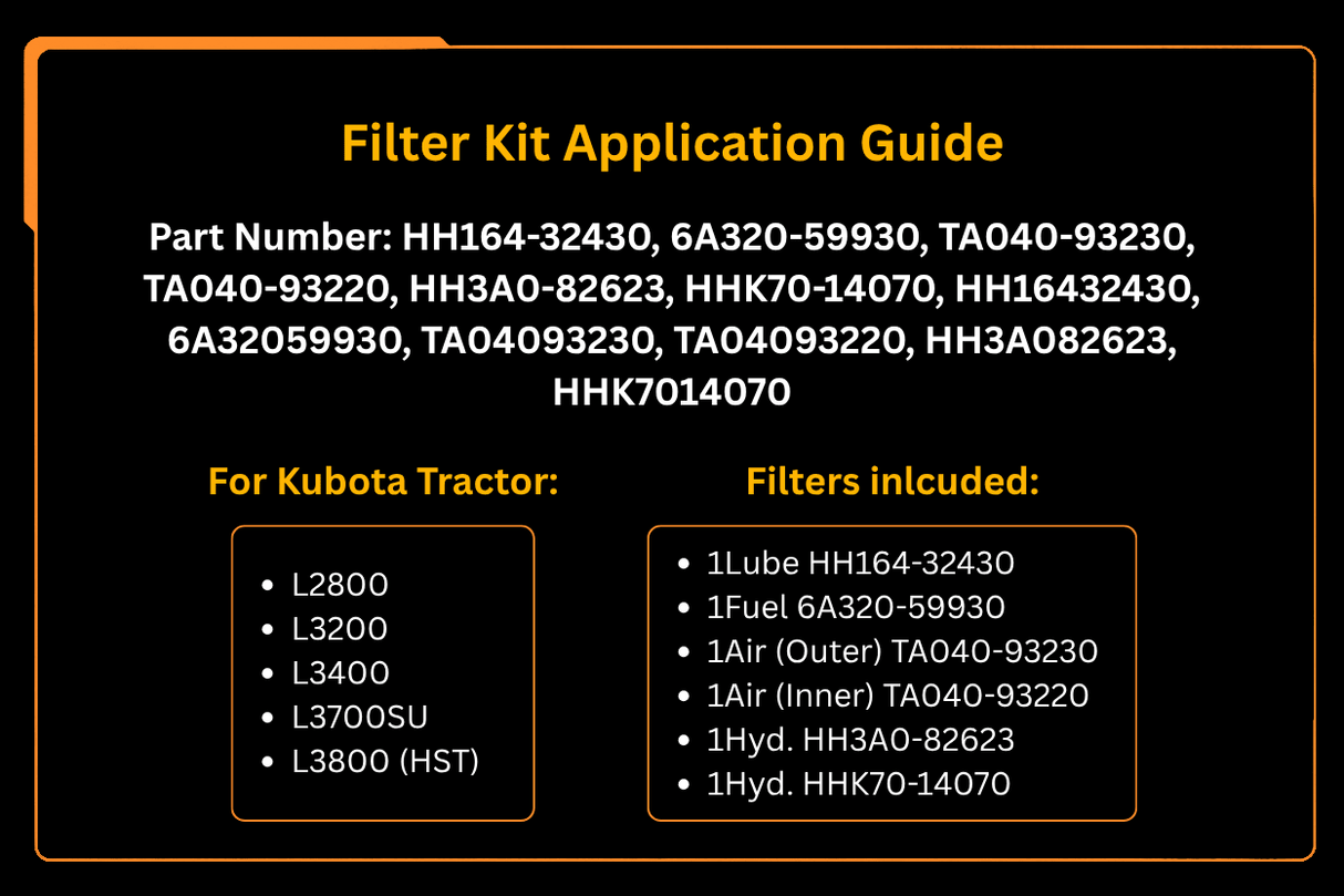 Filter Kit 6A320 - 59930 TA040 - 93220 for Kubota Tractor L2800 L3200 L3400 L3700SU L3800 (HST) - Fab Heavy Parts