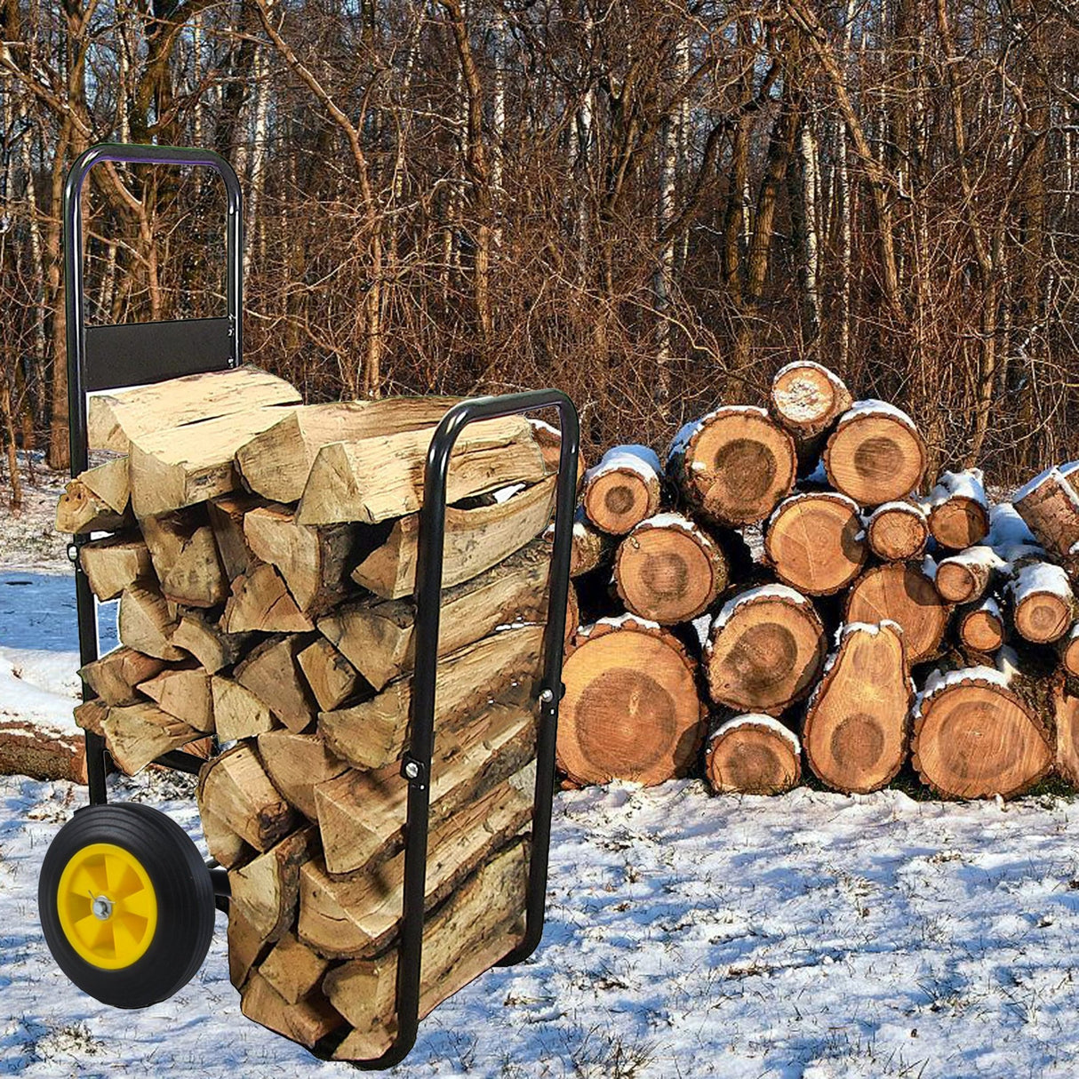 Firewood Log Cart Carrier Outdoor Indoor Black Steel Wood Rack Storage Mover Rolling Wheeled Metal Dolly Hauler Moving Equipment - Fab Heavy Parts
