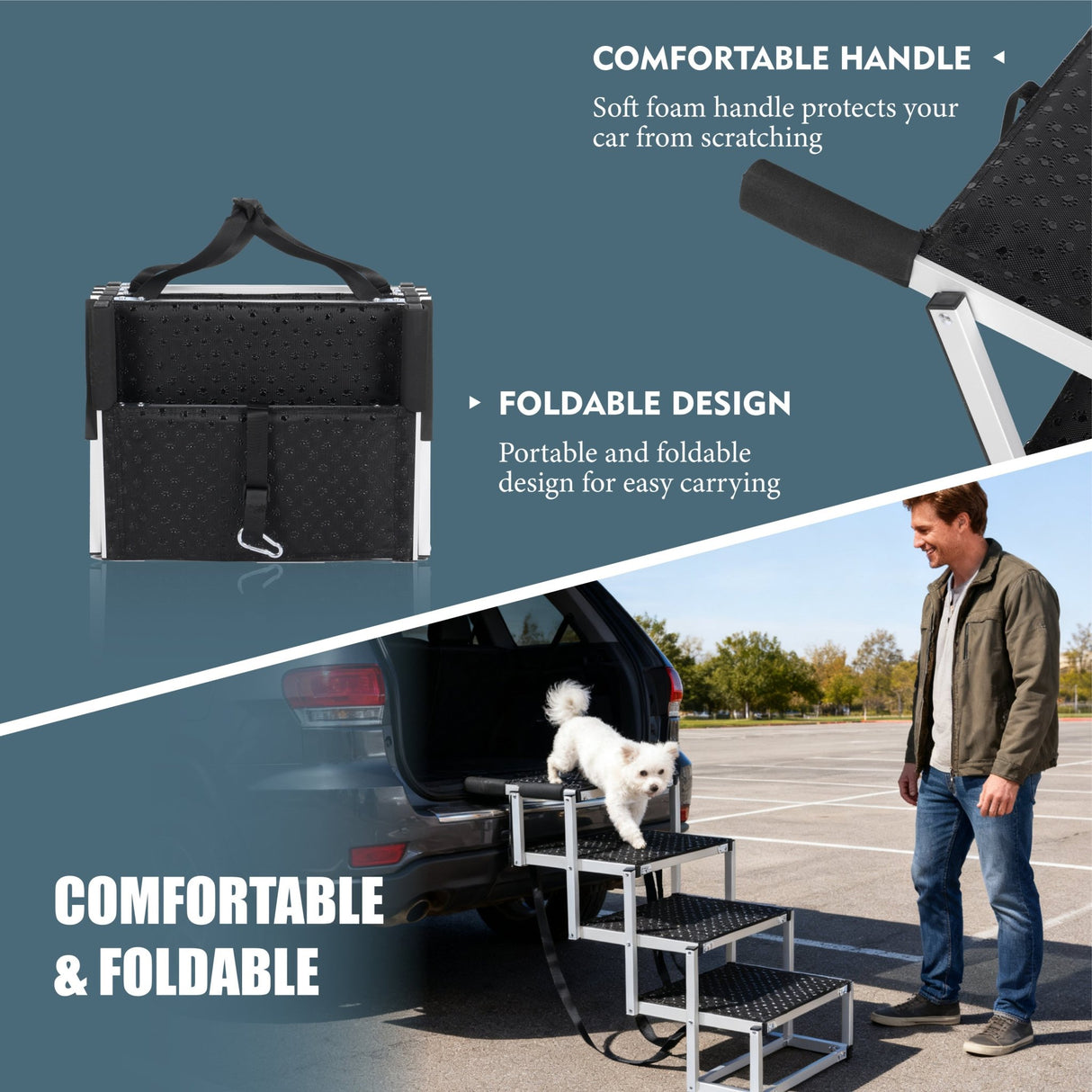 Foldable Dog Ramp for Cars, SUVs, Trucks, Portable Pet Dog Stairs for Large Dogs with Non - Slip Surface & Reinforced Design, Lightweight Yet Sturdy Supports Up to 250lbs - Fab Heavy Parts