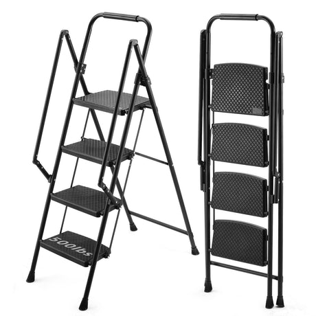 Four Step Ladder Folding Stool Wide Anti Slip Pedal Steel - Black - Fab Heavy Parts