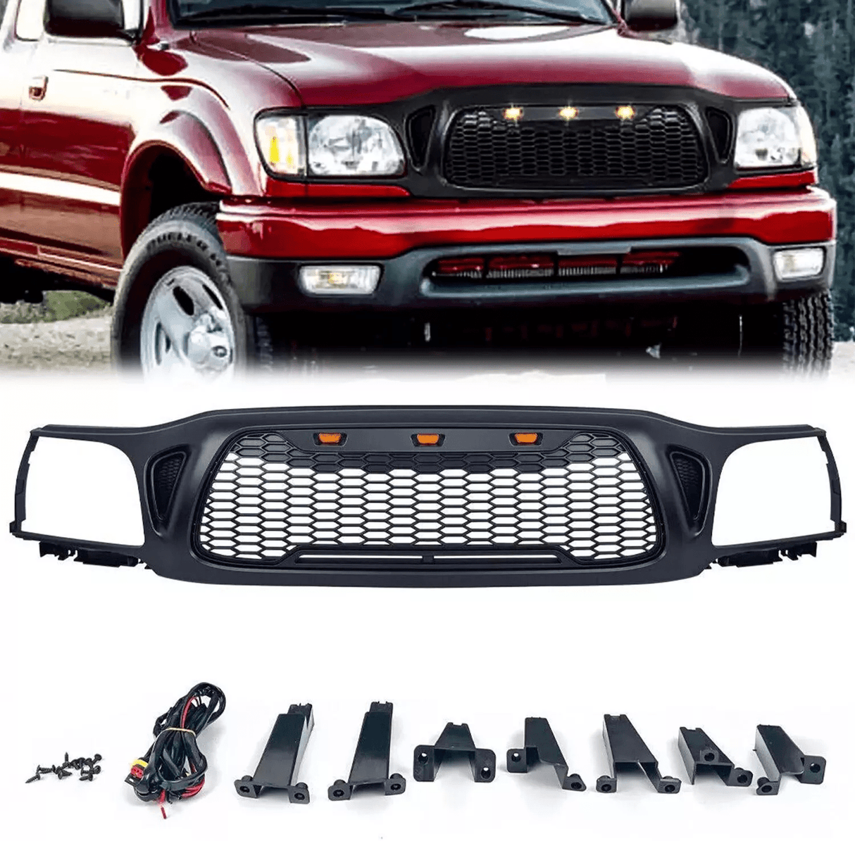 Front Grille Fits for Tacoma 2001 2002 2003 2004 With Amber LED Accent Lights Matte Black - Fab Heavy Parts