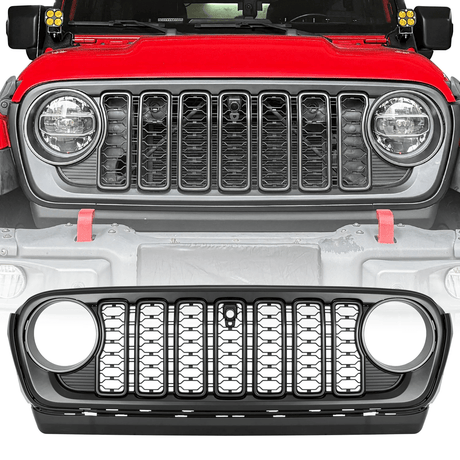 Front Mesh Grille Grid Grill for 2018 - 2024 Jeep Wrangler Rubicon Sahara Sport JL/JT Grill With Camera Hole Plastic - Fab Heavy Parts