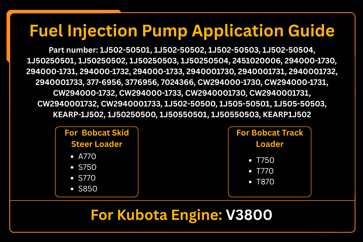 Fuel Injection Pump 1J502 - 50501 7024366 Fit for Kubota Engine V3800 Aftermarket Replacement For Bobcat Loader A770 S750 S770 S850 T750 T770 T870 - Fab Heavy Parts