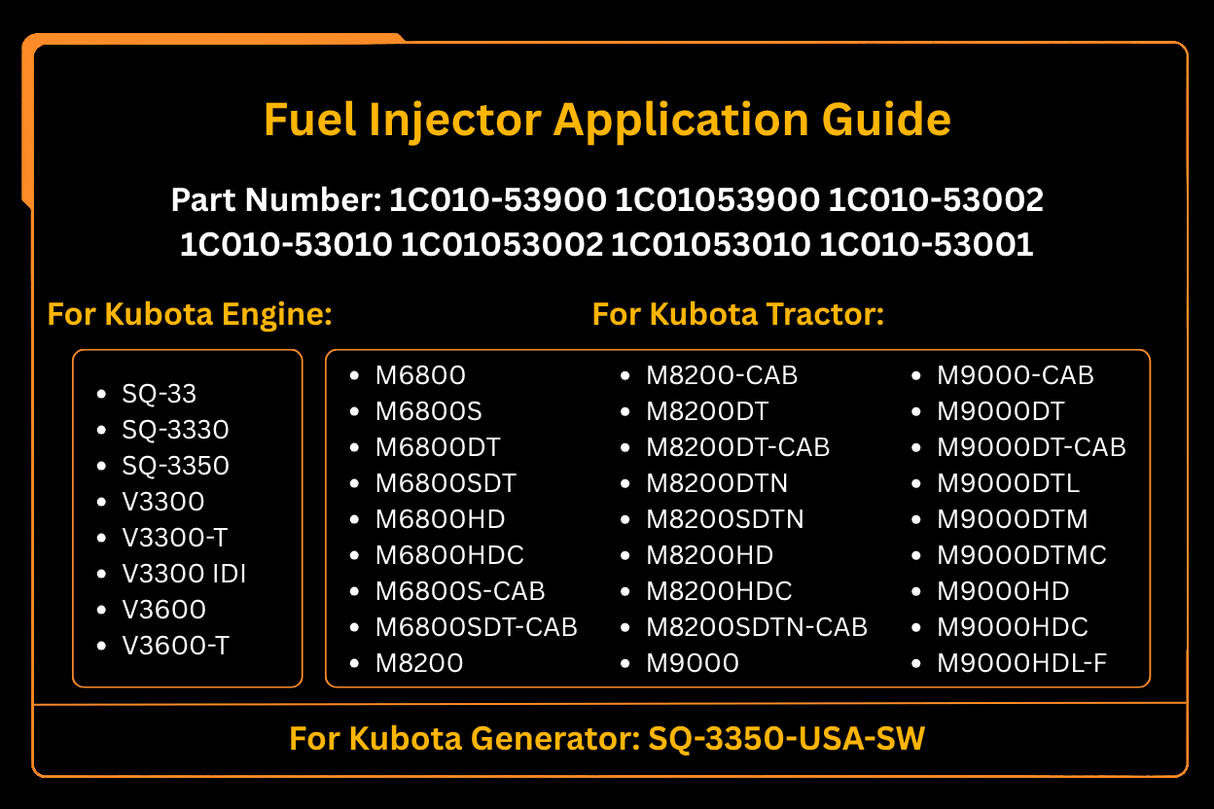 Fuel Injector 1C010 - 53900 for Kubota Engine V3300 V3600 Tractor M6800 M8200 M9000 - Fab Heavy Parts