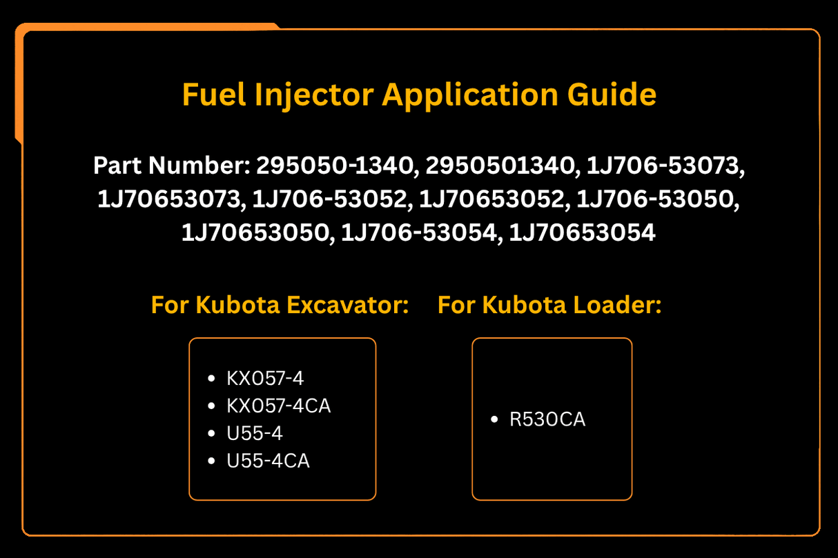 Fuel Injector 295050 - 1340 1J706 - 53073 1J706 - 53050 Fits for Kubota KX057 - 4 U55 - 4CA U55 - 4 R530 R530CA - Fab Heavy Parts