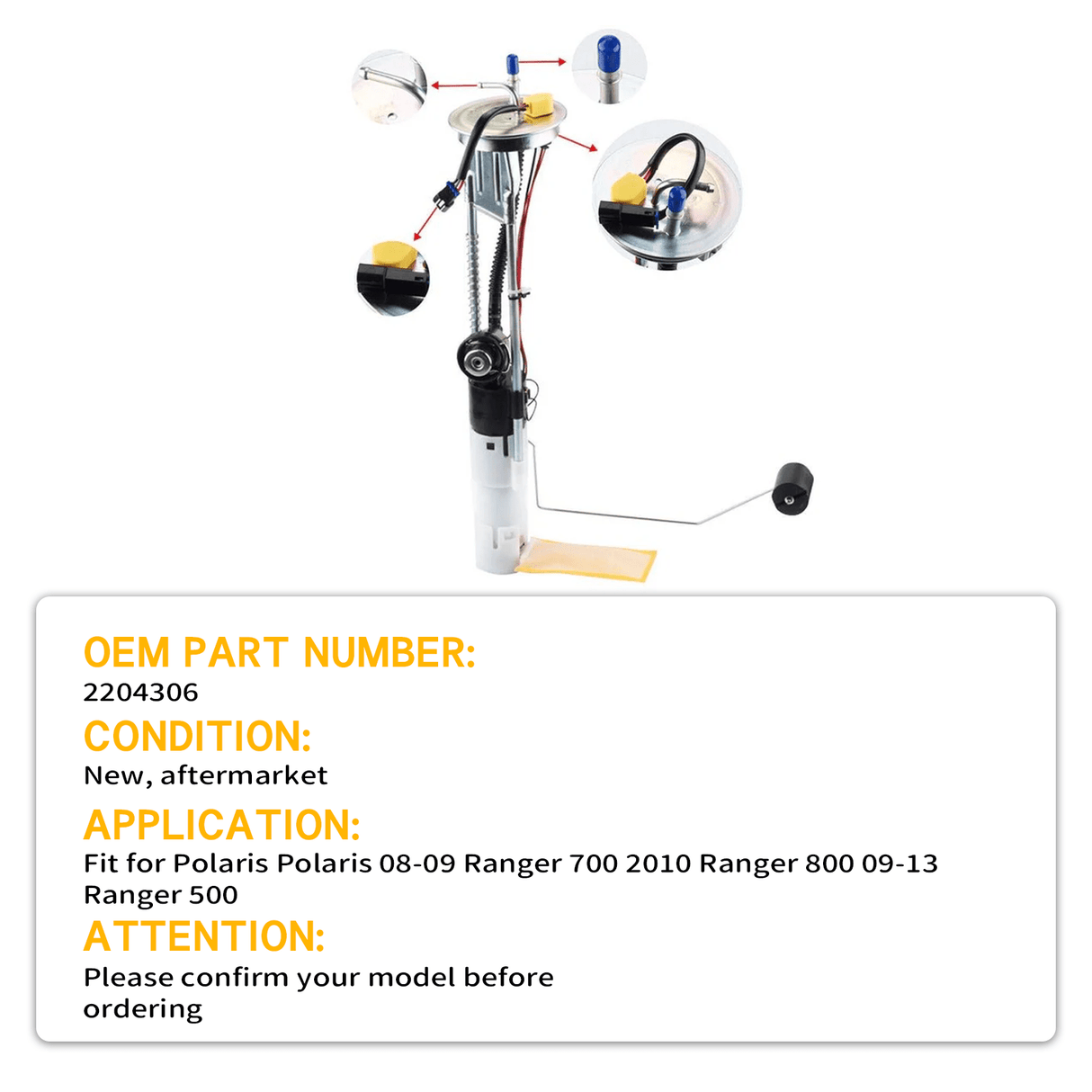 Fuel Pump Assembly 2204306 Fits for Polaris 08 - 09 Ranger 700 2010 Ranger 800 09 - 13 Ranger 500 - Fab Heavy Parts