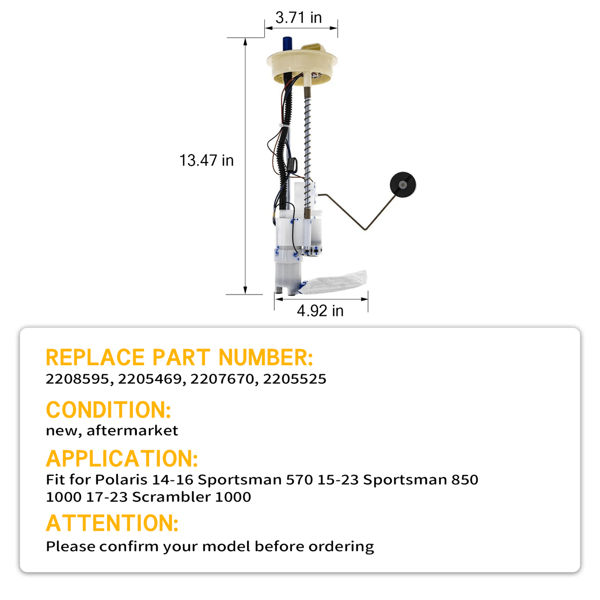 Fuel Pump Assembly 2208595 2205469 2207670 2205525 Fits for Polaris 14 - 16 Sportsman 570 15 - 23 Sportsman 850 1000 17 - 23 Scrambler 1000 - Fab Heavy Parts