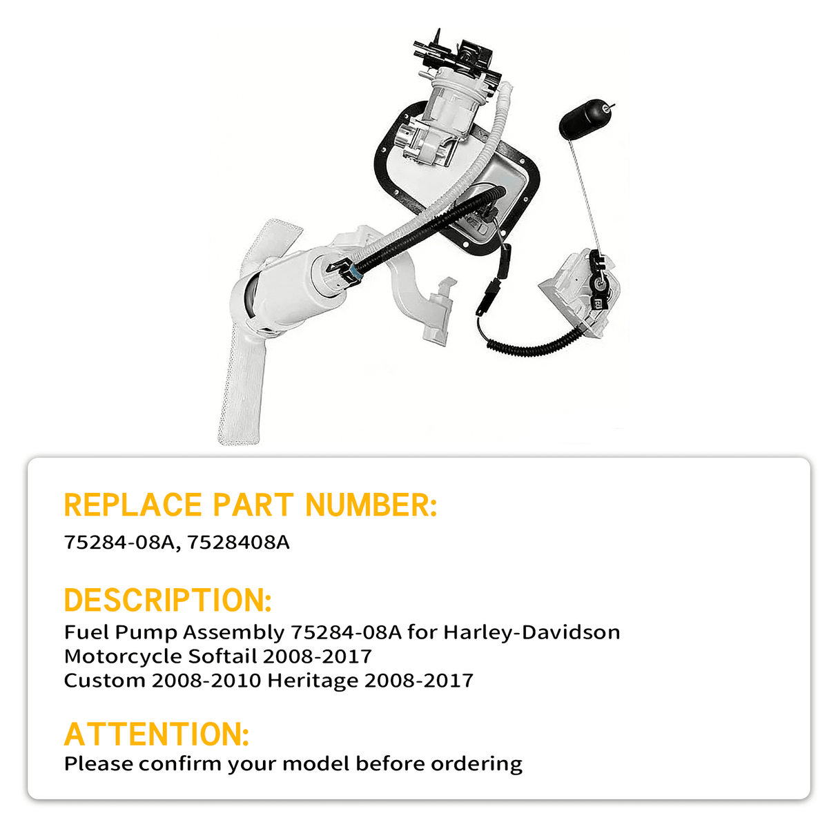 Fuel Pump Assembly 75284 - 08A for Harley - Davidson Motorcycle Softail 2008 - 2017 Custom 2008 - 2010 Heritage 2008 - 2017 - Fab Heavy Parts