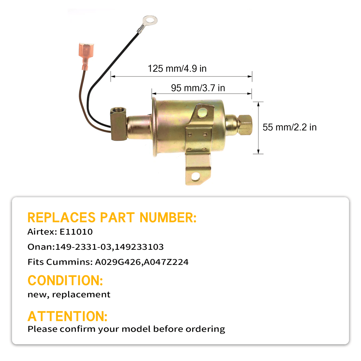 Fuel Pump Replaces Onan 5500 RV Generator 149233103 Fits Cummins A029G426 A047Z224 Airtex E11010 - Fab Heavy Parts