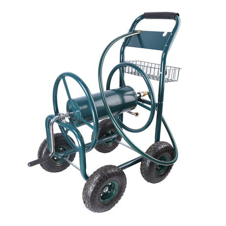 Garden Hose Reel Cart 4 Wheels Portable with Storage Basket Rust Resistant Heavy Duty Water Hose Holder Steel Green - Fab Heavy Parts