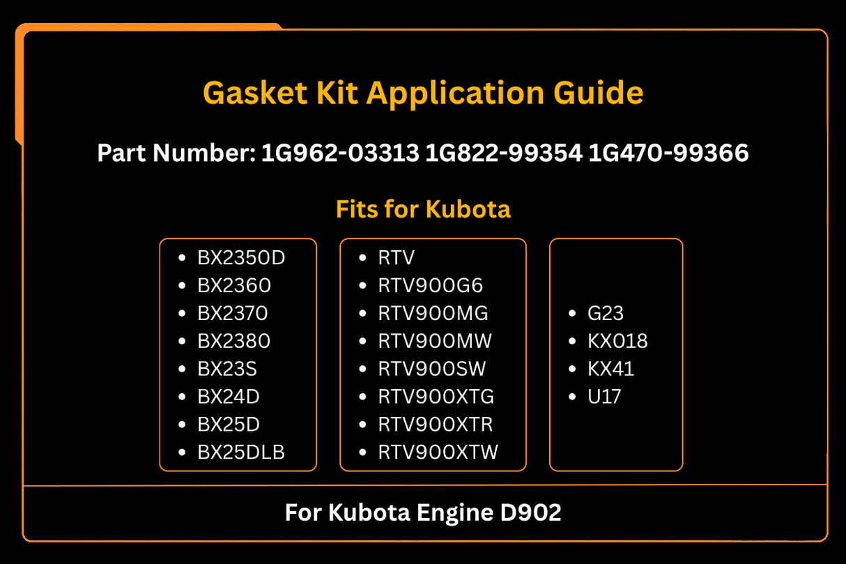 Gasket Kit 1G962 - 03313 1G822 - 99354 1G470 - 99366 Fits for Kubota Engine D902 - Fab Heavy Parts