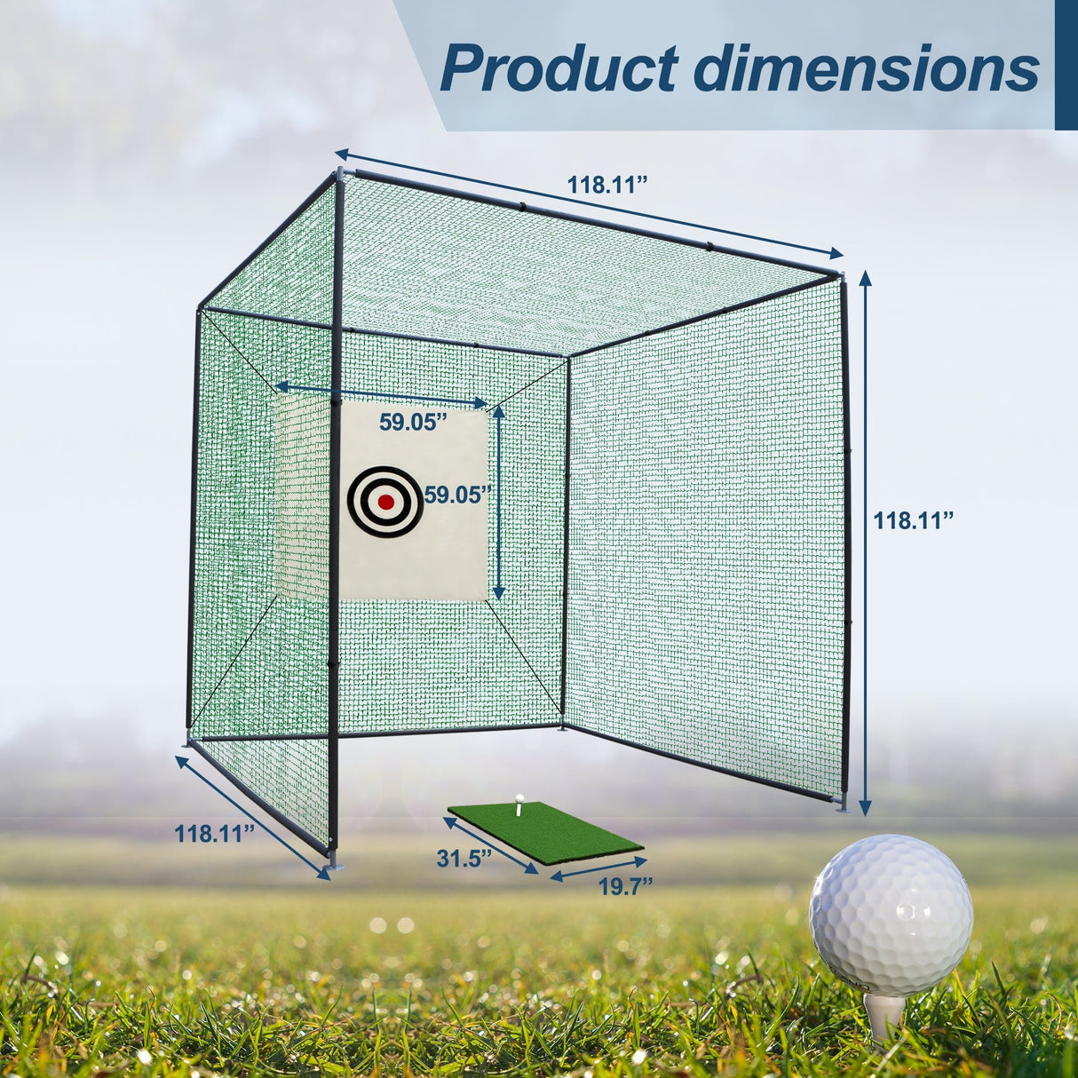 Golf Practice Net Cage 10x10x10FT with Metal Frame Hitting Net Kit Indoor Outdoor Black - Green - Fab Heavy Parts