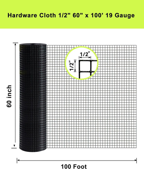 Hardware Cloth 5 ft × 100 ft 19 Gauge 1/2 inch Black PVC Vinyl Coated Welded Wire Fence Poultry Netting Chicken Coop Cover Wire Fencing Black PVC Wire Mesh - Fab Heavy Parts