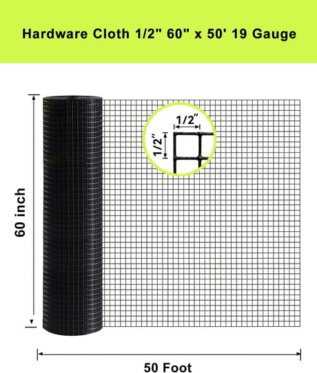 Hardware Cloth 5 ft × 50 ft 19 Gauge 1/2 inch Black PVC Vinyl Coated Welded Wire Fence Poultry Netting Chicken Coop Cover Wire Fencing Black PVC Wire Mesh - Fab Heavy Parts