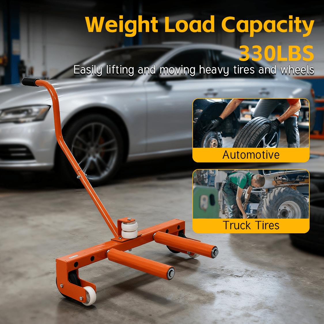 Heavy Duty Adjustable Tire Wheel Dolly 330 Lbs Capacity - Orange - Fab Heavy Parts