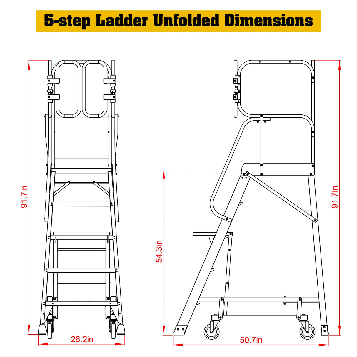Heavy - Duty Aluminum Rolling Platform Ladder with 5 Steps 375lbs Capacity 50.80 x 28.40 x 89.70 inches - Fab Heavy Parts