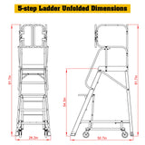 Heavy - Duty Aluminum Rolling Platform Ladder with 5 Steps 375lbs Capacity 50.80 x 28.40 x 89.70 inches - Fab Heavy Parts