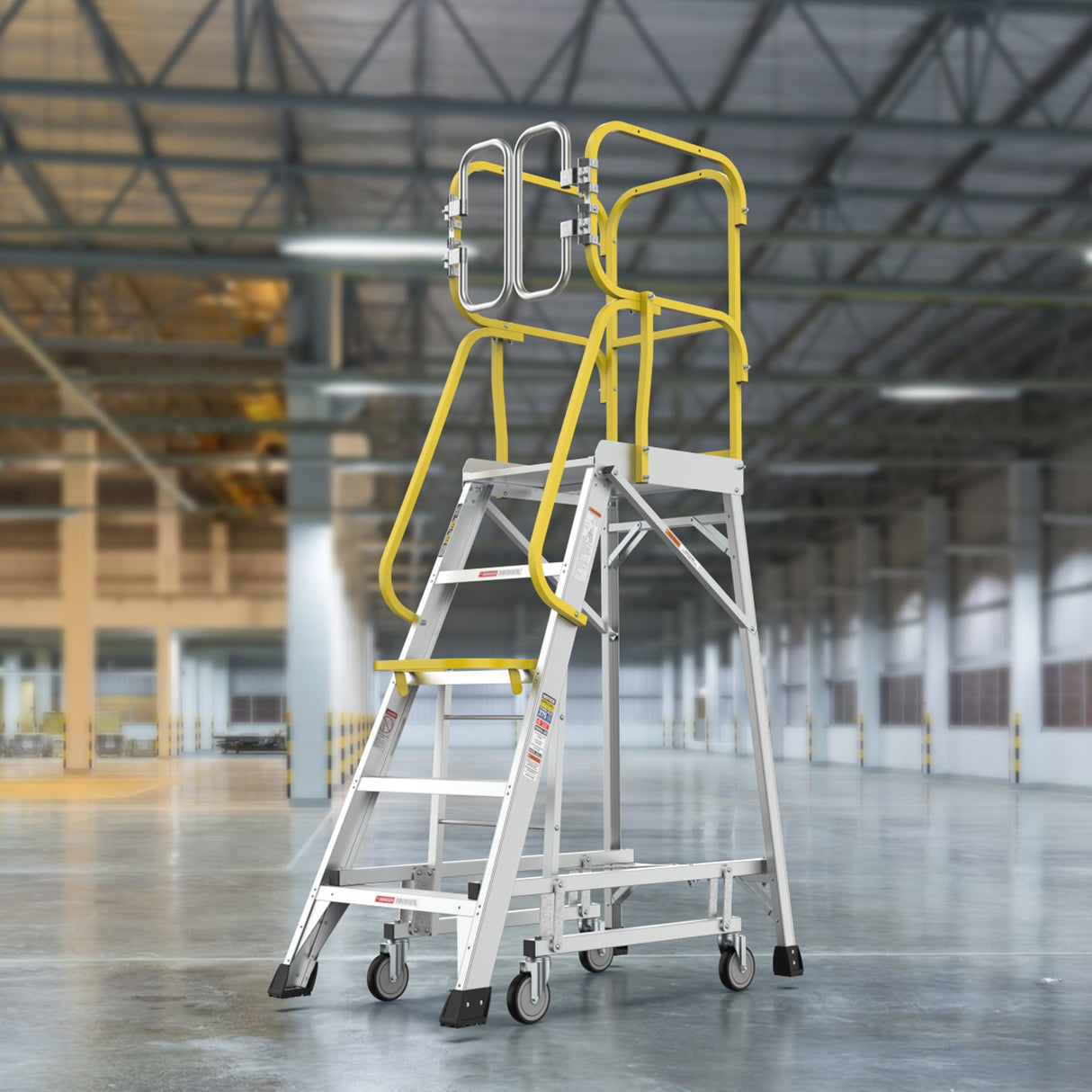 Heavy - Duty Aluminum Rolling Platform Ladder with 5 Steps 375lbs Capacity 50.80 x 28.40 x 89.70 inches - Fab Heavy Parts