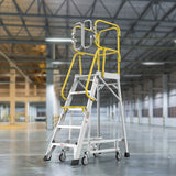 Heavy - Duty Aluminum Rolling Platform Ladder with 5 Steps 375lbs Capacity 50.80 x 28.40 x 89.70 inches - Fab Heavy Parts