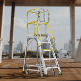 Heavy - Duty Aluminum Rolling Platform Ladder with 5 Steps 375lbs Capacity 50.80 x 28.40 x 89.70 inches - Fab Heavy Parts