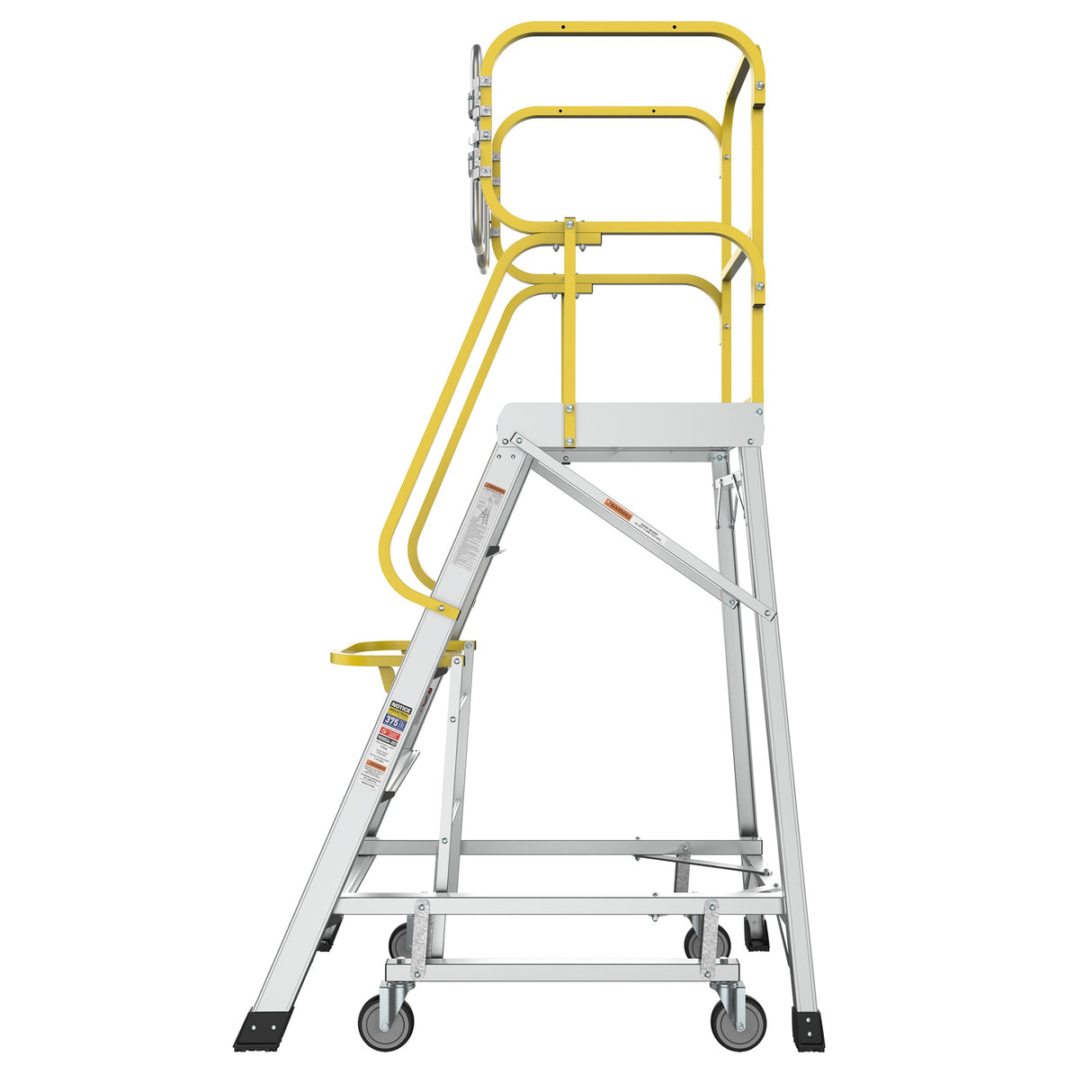 Heavy - Duty Aluminum Rolling Platform Ladder with 5 Steps 375lbs Capacity 50.80 x 28.40 x 89.70 inches - Fab Heavy Parts