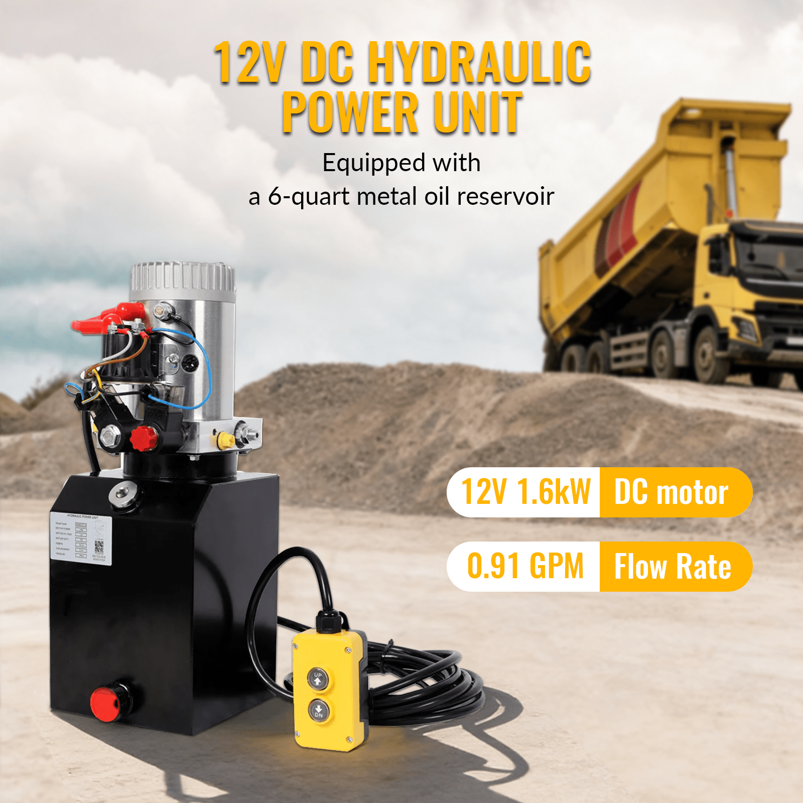 Heavy Duty Double Acting 12V DC Hydraulic Power Unit 6 Quart Steel Tank, Hydraulic Pump for Dump Trailers Aerial Platforms and Industrial Lifting Application with Remote Control - Fab Heavy Parts