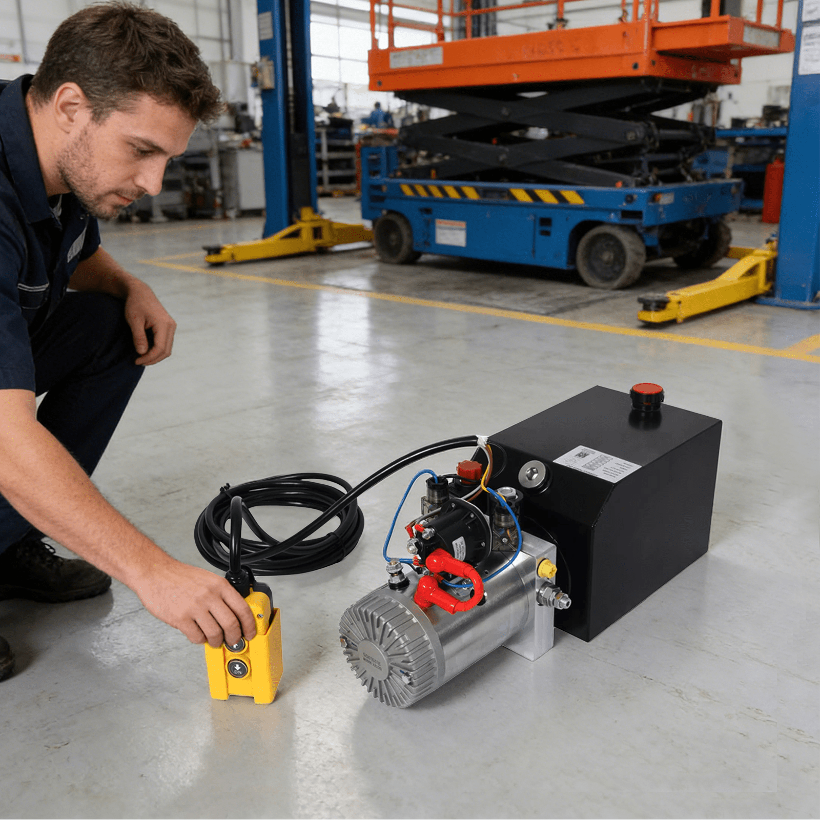 Heavy Duty Double Acting 12V DC Hydraulic Power Unit 6 Quart Steel Tank, Hydraulic Pump for Dump Trailers Aerial Platforms and Industrial Lifting Application with Remote Control - Fab Heavy Parts