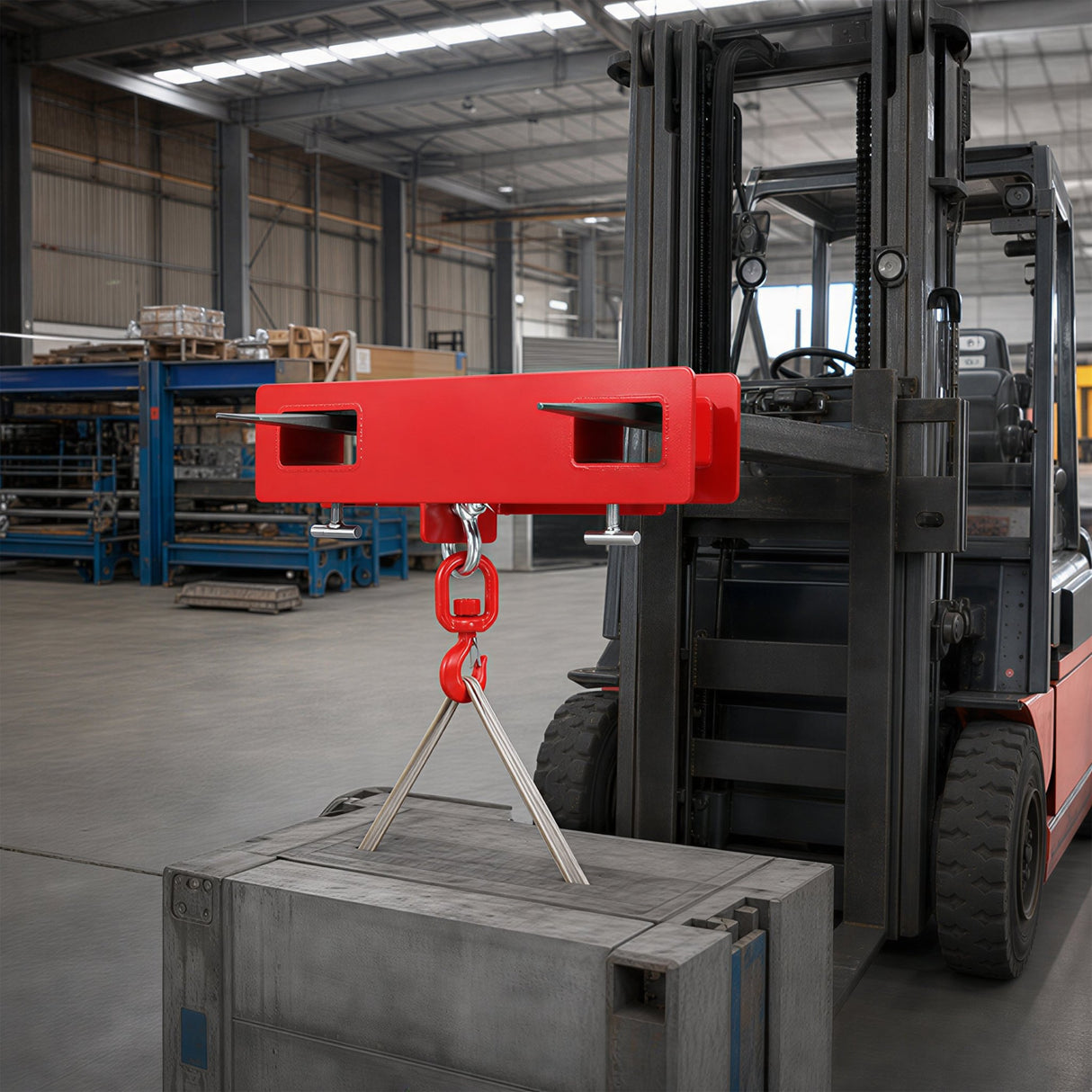 Heavy Duty Forklift Mobile Crane Attachment 4400 LBS Load Capacity Fork Lifting Hoist with Safety Hook & Dual Large T-Bolts - Red - Fab Heavy Parts
