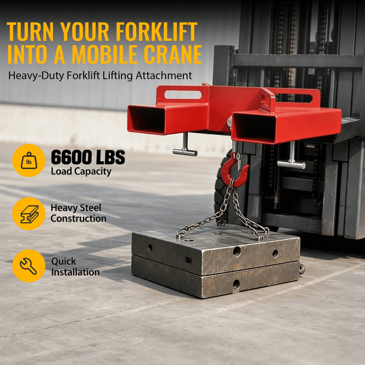 Heavy Duty Forklift Mobile Crane Attachment 6600 LBS Load Capacity Fork Lifting Hoist with Safety Hook & Dual Large T-Bolts - Fab Heavy Parts