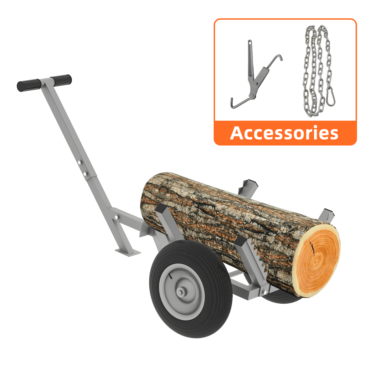 Heavy Duty Log Dolly with 16" Pneumatic Tires 460 lbs Capacity Fits Logs up to 20" Diameter Steel Frame Log Hauler with 7 ft Chain & Strap for Firewood & Forestry Transport - Fab Heavy Parts