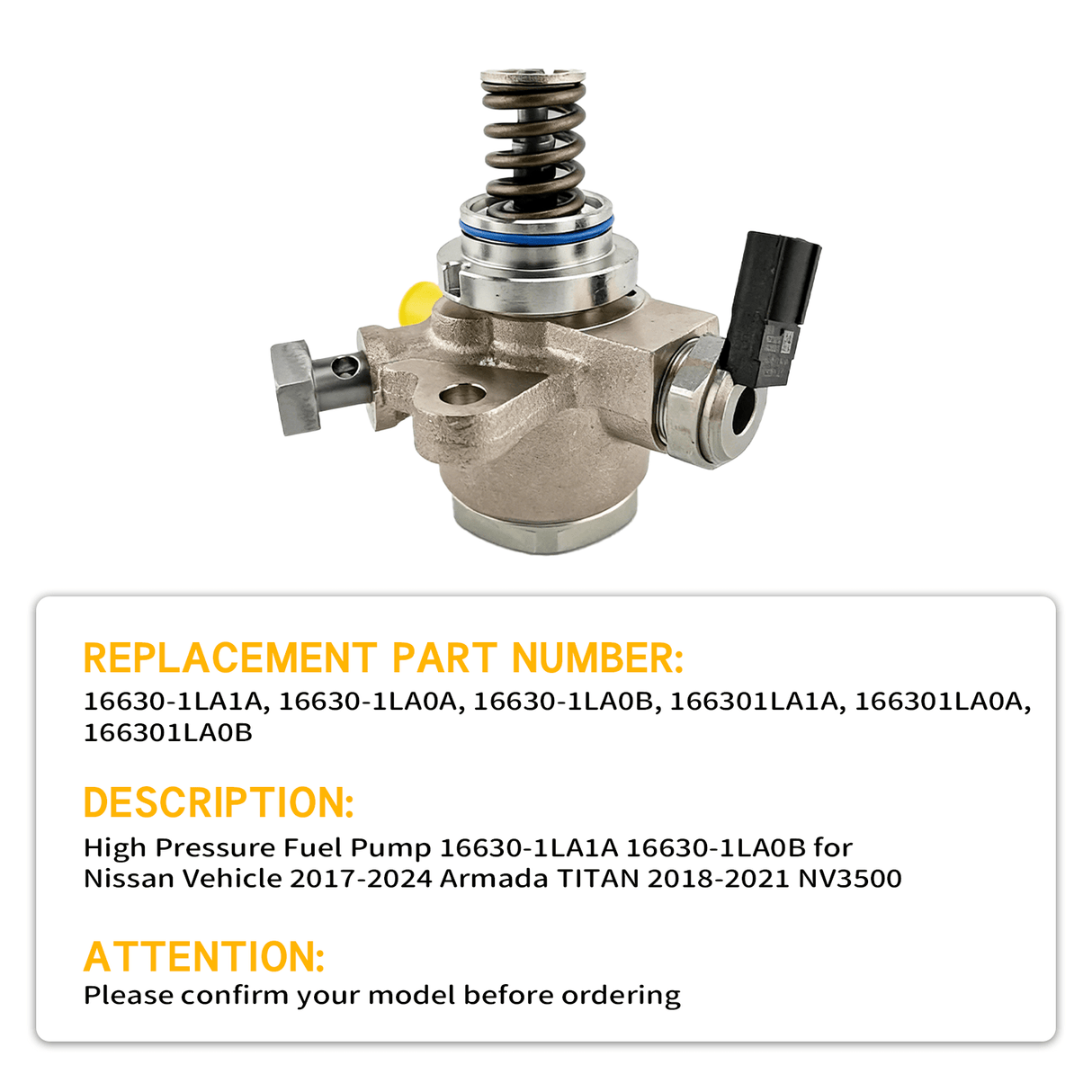 High Pressure Fuel Pump 16630 - 1LA1A 16630 - 1LA0B for Nissan Vehicle 2017 - 2024 Armada TITAN 2018 - 2021 NV3500 - Fab Heavy Parts