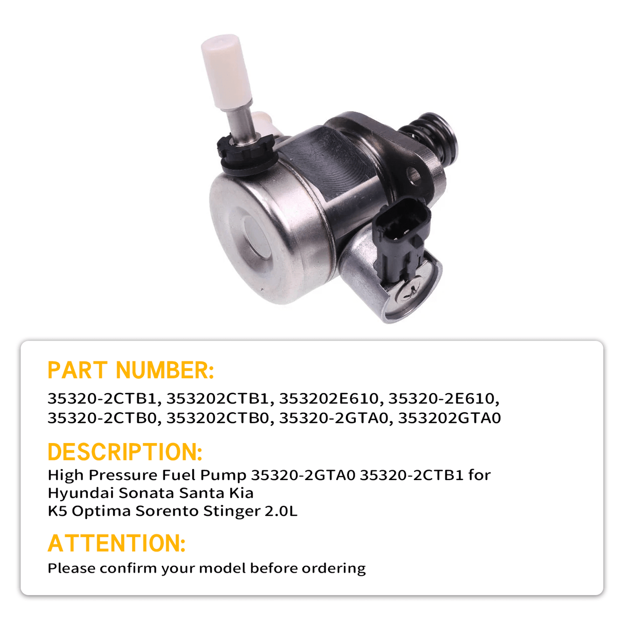 High Pressure Fuel Pump 35320 - 2E610 35320 - 2CTB1 for Hyundai Sonata Santa Kia K5 Optima Sorento Stinger 2.0L - Fab Heavy Parts