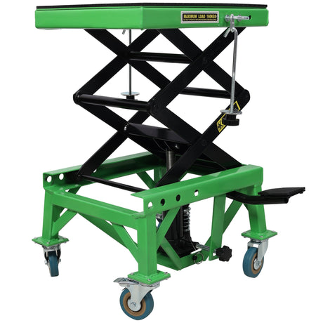 Hydraulic Motorcycle Scissor Jack Lift with Foot Step and Wheels Steel 350 lbs Capacity - Fab Heavy Parts
