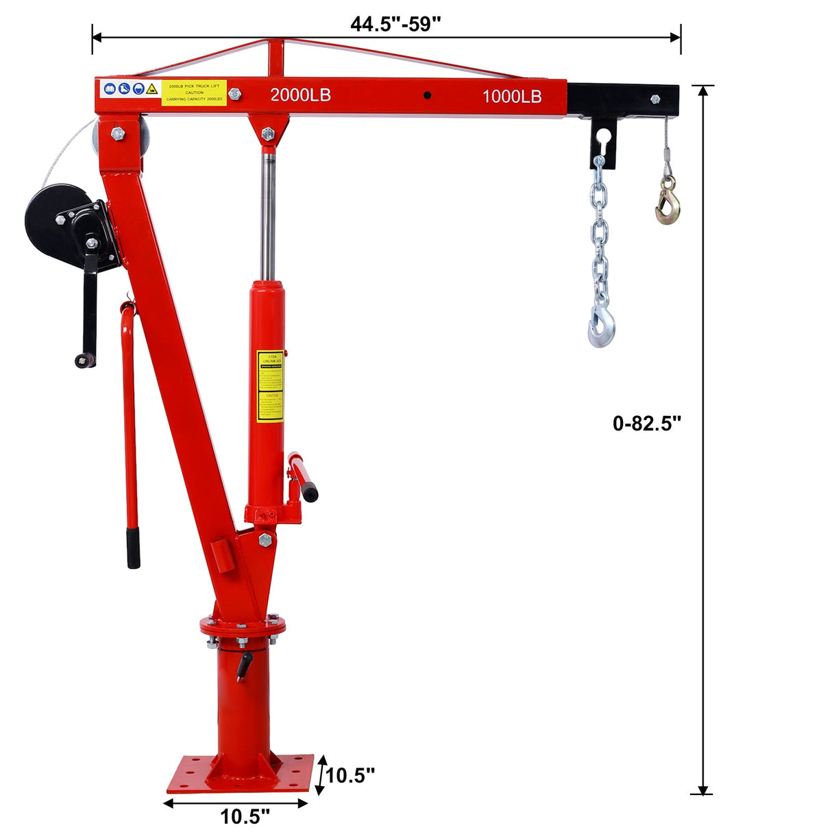 Hydraulic Pickup Truck Crane with Hand Winch Bed Hoist Jib 2000 - Lb. Capacity Red - Fab Heavy Parts