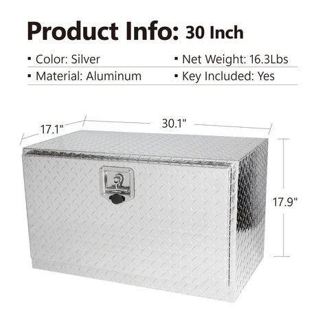 30 Inch Aluminum Stripes Plated Tool Box Pick Up Truck Bed RV Trailer Toolbox Waterproof Square Storage Organizer with Lock and Keys 30"×17"×18"