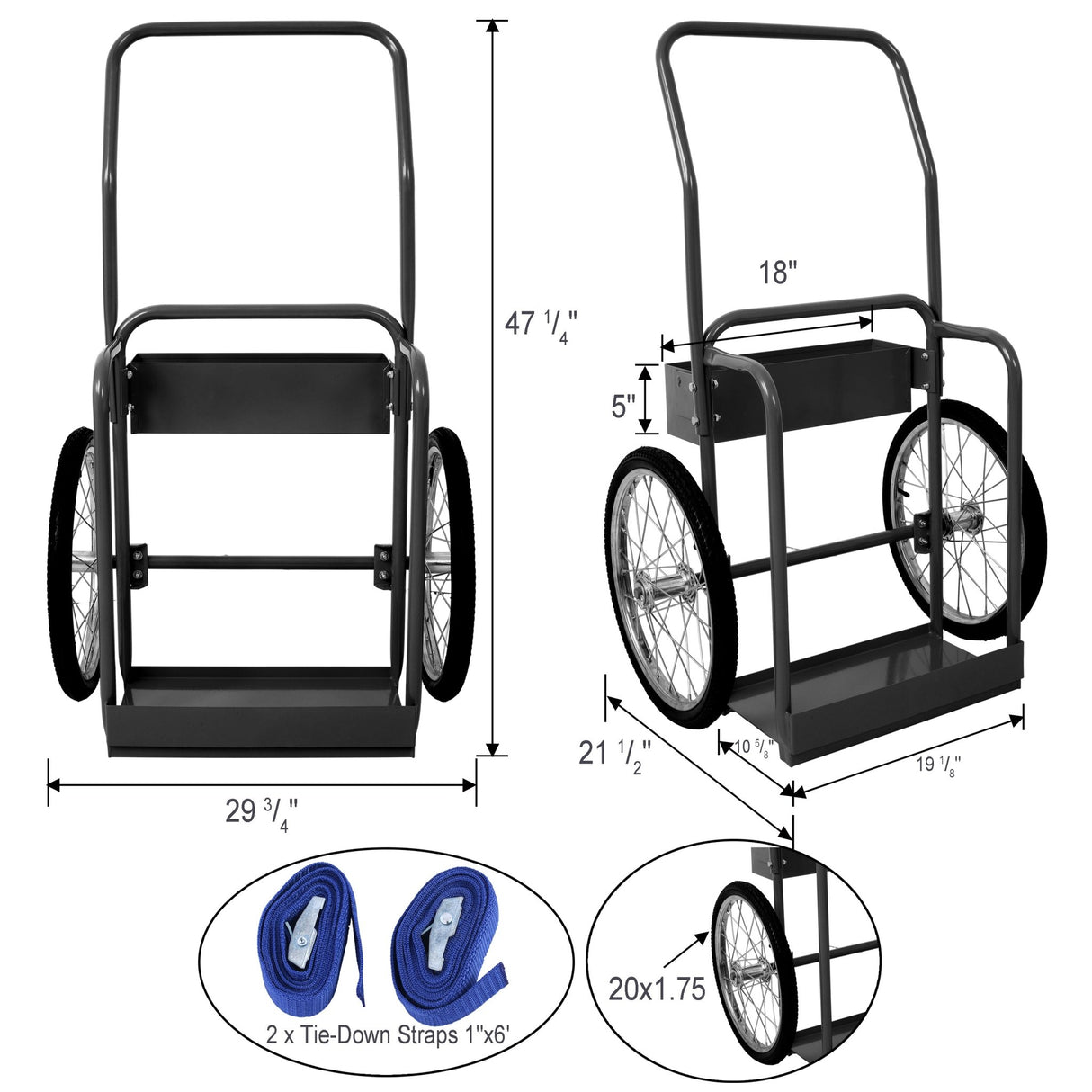 Large Dual Oxygen Tank Cart Dolly with Double Cylinder 20" Pneumatic Wheels Two Fastening Belts - Black - Fab Heavy Parts