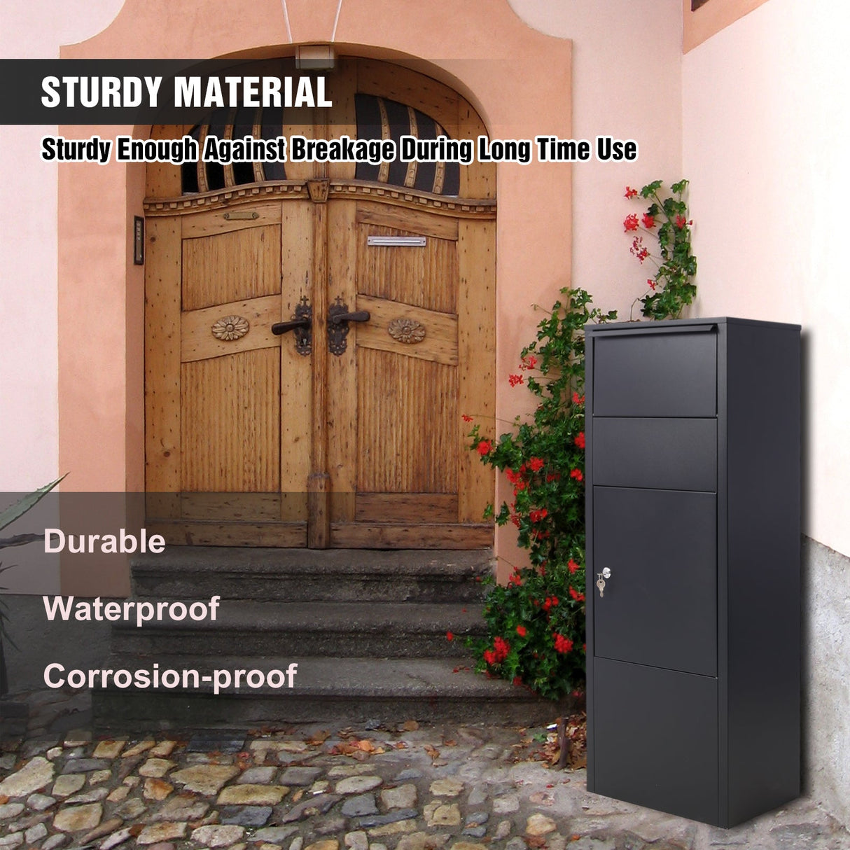 Large Package Delivery Box with Lockable Storage Compartment Heavy Duty Weatherproof - Black 10.5" x 15.5" x 41.30" - Fab Heavy Parts