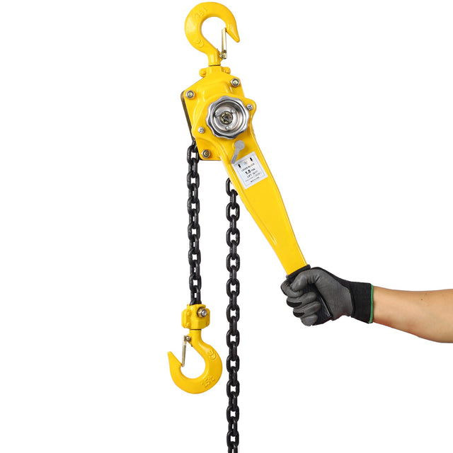 Lever Chain Hoist 1 1/2 Ton 3300LBS Capacity 5 FT with Heavy Duty Hooks Ratchet Block Lift Puller - Yellow - Fab Heavy Parts