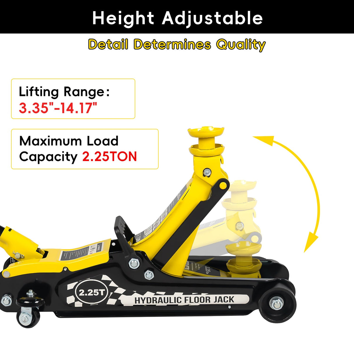 Lifting Range 3.35" - 14.17" 2.25 Ton Hydraulic Floor Jack 3 Ton Jack Stands Tire Repair kit Low Profile Service 4960 LB Capacity Double Locking Pins - Yellow - Fab Heavy Parts