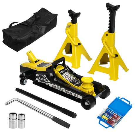 Lifting Range 3.35" - 14.17" 2.25 Ton Hydraulic Floor Jack 3 Ton Jack Stands Tire Repair kit Low Profile Service 4960 LB Capacity Double Locking Pins - Yellow - Fab Heavy Parts