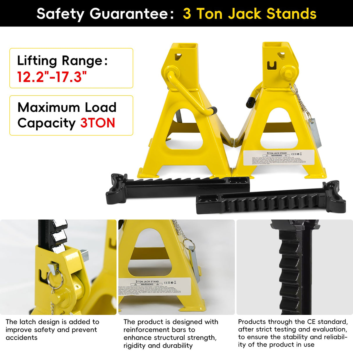 Lifting Range 3.35" - 14.17" 2.25 Ton Hydraulic Floor Jack 3 Ton Jack Stands Tire Repair kit Low Profile Service 4960 LB Capacity Double Locking Pins - Yellow - Fab Heavy Parts