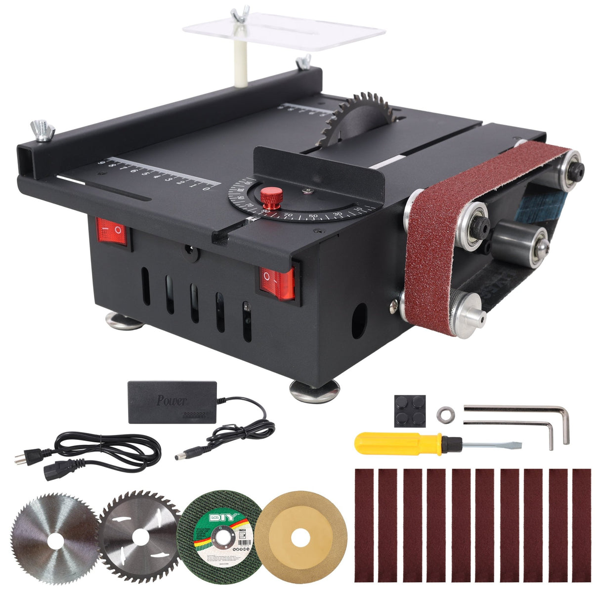 Mini Table Saw Belt Sander 4pcs Blades 10pcs Sanding Blet 7 Gear Adjustable 0 - 90° Angle - Fab Heavy Parts