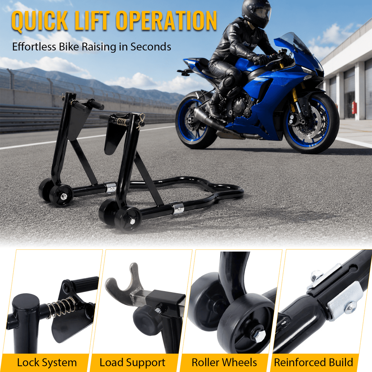 Motorcycle Stand 1000LB Sport Bike Front and Rear Wheel Lift Swingarm Paddock U - Black - Fab Heavy Parts