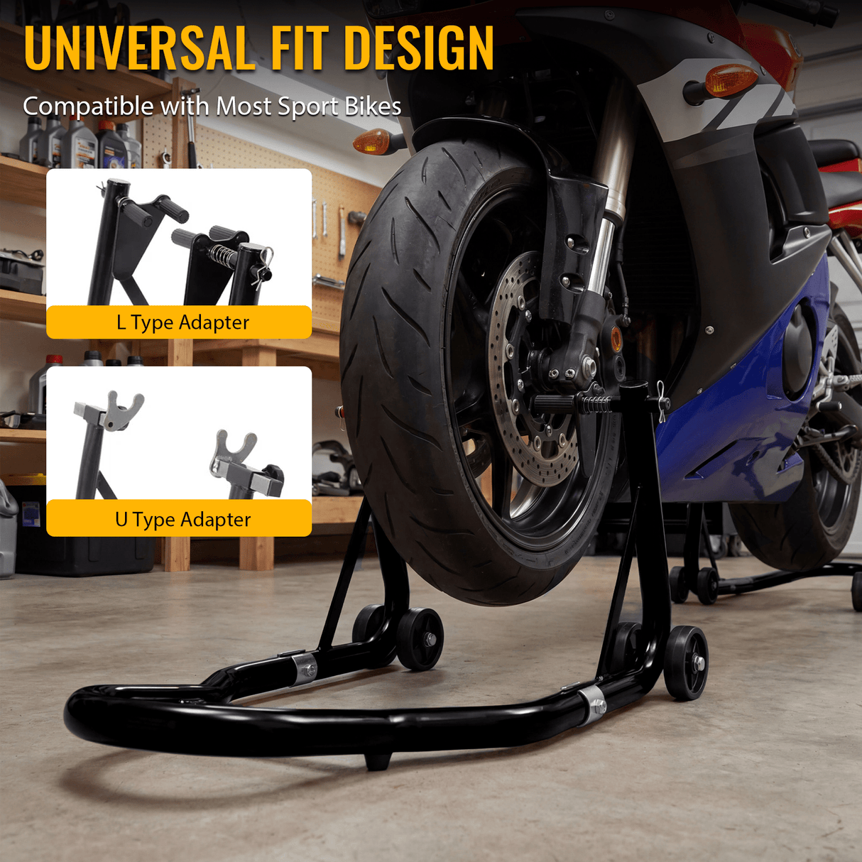Motorcycle Stand 1000LB Sport Bike Front and Rear Wheel Lift Swingarm Paddock U - Black - Fab Heavy Parts