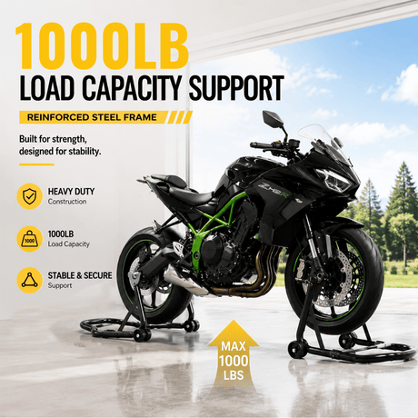 Motorcycle Stand 1000LB Sport Bike Front and Rear Wheel Lift Swingarm Paddock U - Black - Fab Heavy Parts