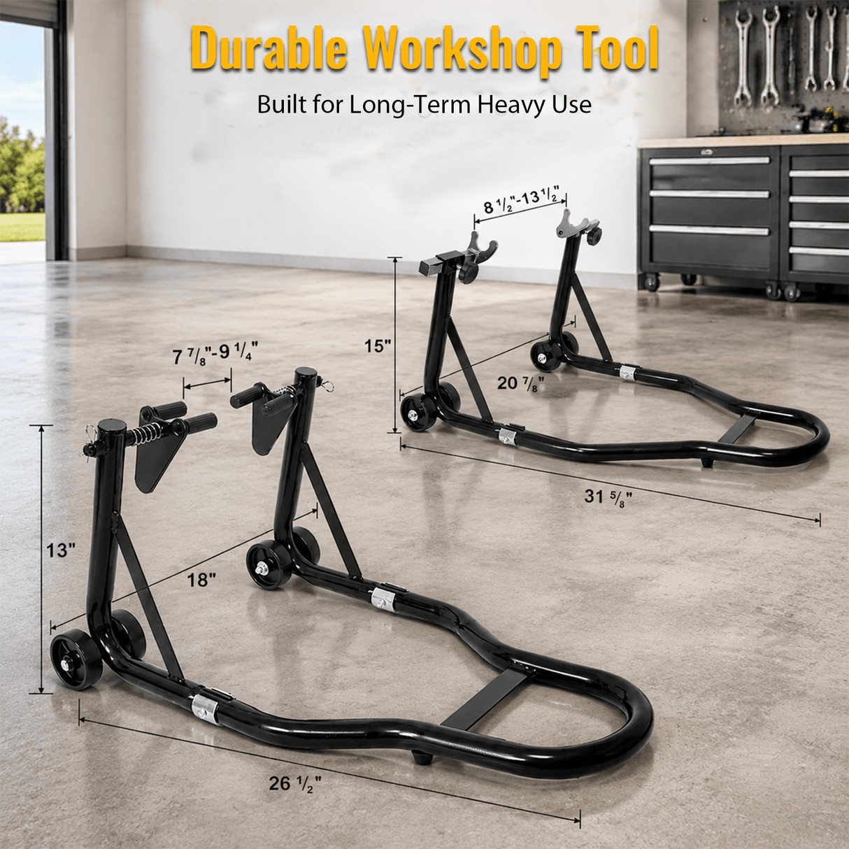 Motorcycle Stand 1000LB Sport Bike Front and Rear Wheel Lift Swingarm Paddock U - Black - Fab Heavy Parts