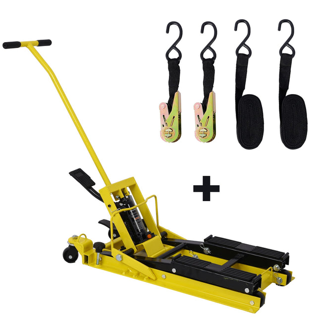 MovYard® Hydraulic Motorcycle Lift Jack 1500 LBS Capacity ATV Scissor Portable Table with 4 Wheels Foot - Operated Hoist Stand with Tie Down Yellow - Fab Heavy Parts