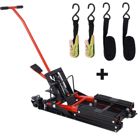 MovYard® Hydraulic Motorcycle Lift Jack 1500 LBS Capacity Scissor Portable Table with 4 Wheels Foot - Operated Hoist Stand with Tie Down - Fab Heavy Parts